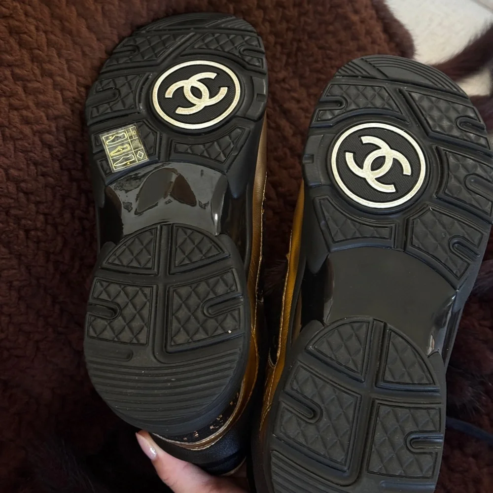 Chanel high top sneakers black and‎ gold with tweed Size 36 1/2